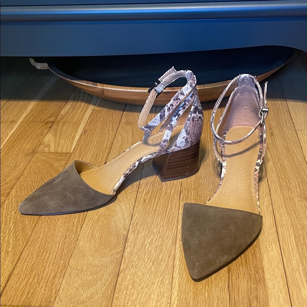 Crown Vintage Olive Green Suede & Faux snake skin, Women's Block Heel Shoes